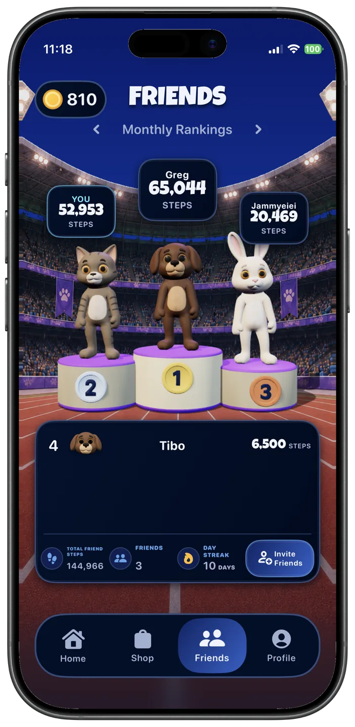 Walkimals Friends screen showing three mascots on a monthly rankings podium