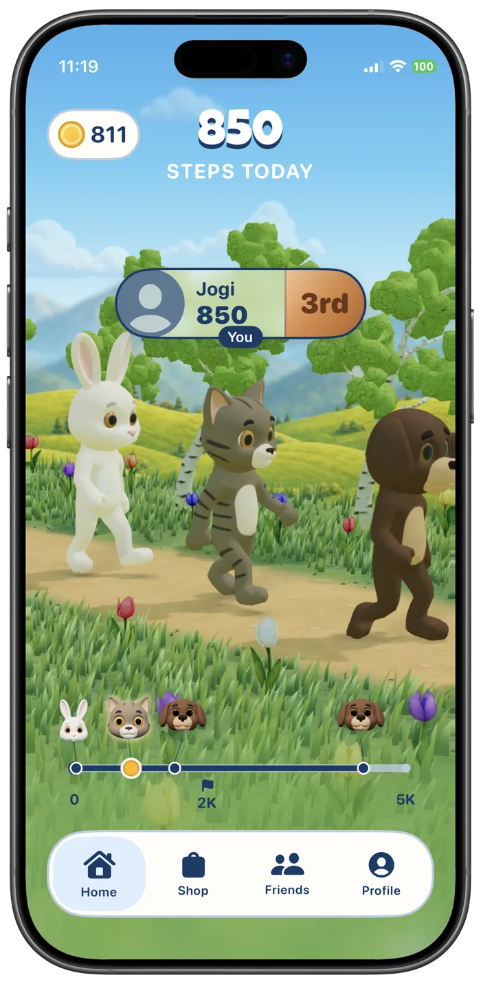 Walkimals Home screen showing a cat, bunny, and dog walking through a bright meadow