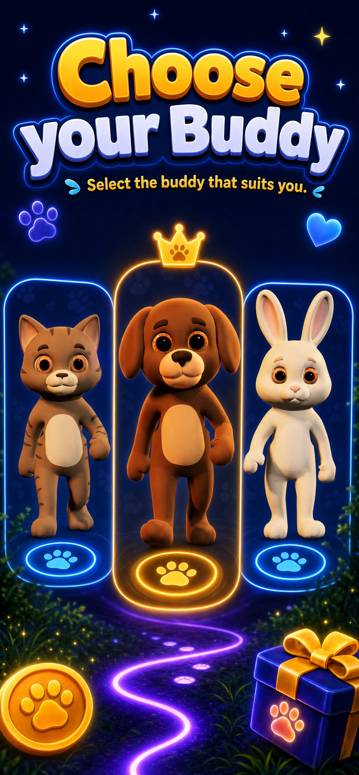 Choose your buddy — cat, dog, or rabbit
